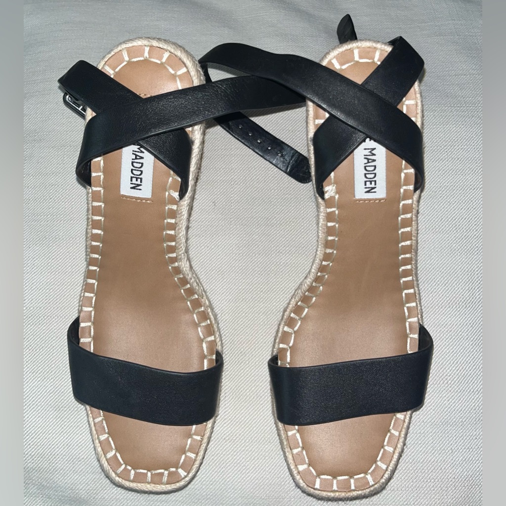 Steve Madden Black Wedge Espadrilles Sandals With Ankle Strap Sz 7